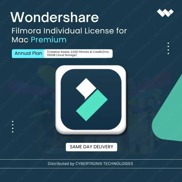 Wondershare Filmora Individual License for Mac Premium Annual Plan (Creative Assets, 2,000 Filmora AI Credits/mo,100GB Cloud Storage) | Digital License | Same Day Delivery