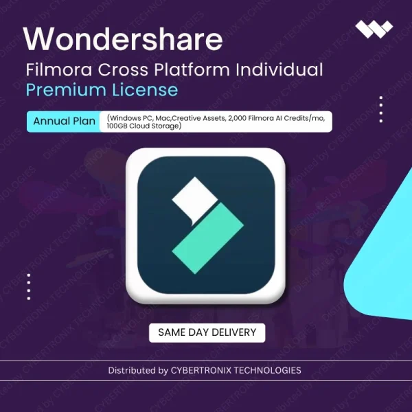 Wondershare Filmora Cross Platform Individual Premium License Annual Plan (Windows PC, Mac, Creative Assets, 2,000 Filmora AI Credits/mo,100GB Cloud Storage) | Digital License | Same Day Delivery